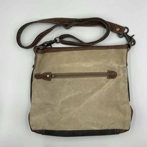 Myra Canvas & Leather Crossbody Upcycled Bag Reindeer Stag Tan Khaki Brown 12x11 - Picture 2 of 14